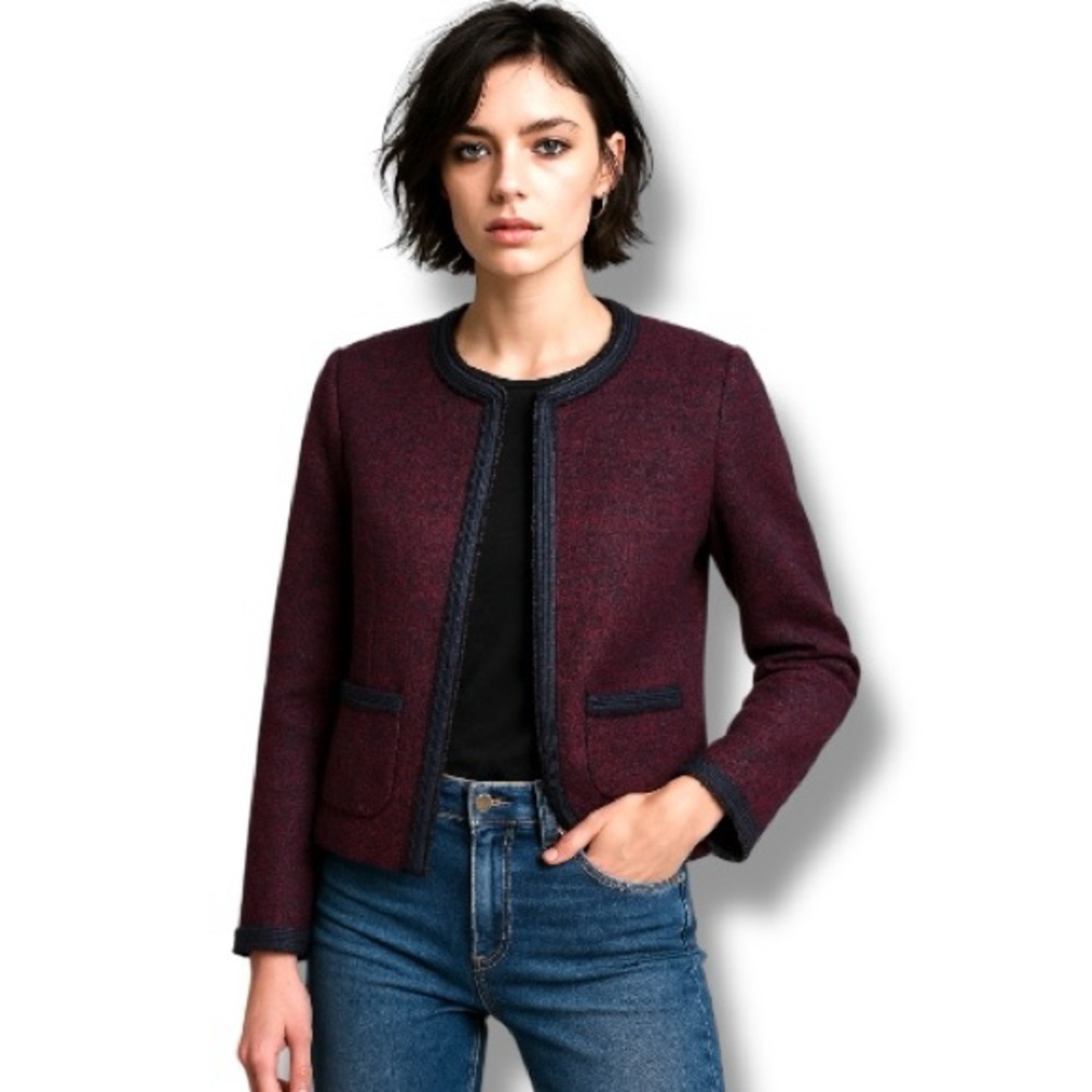 💜 Talbots Bouclé Tweed Jacket with Trim – Size 12P New - Picture 2 of 9